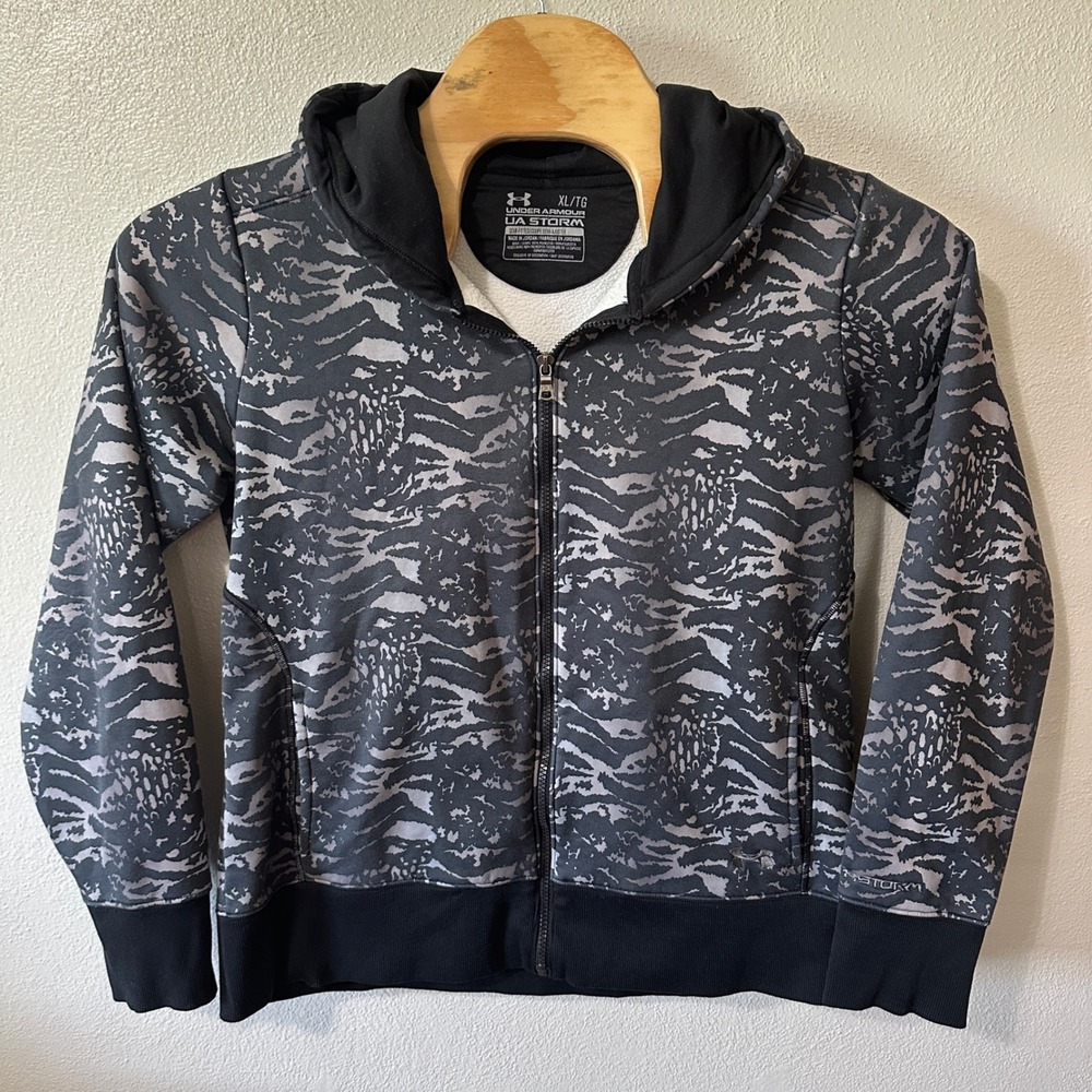 Under Armour UA Storm Full Zip Hoodie Jacket Athletic Gray Black Camo‎ Womens XL